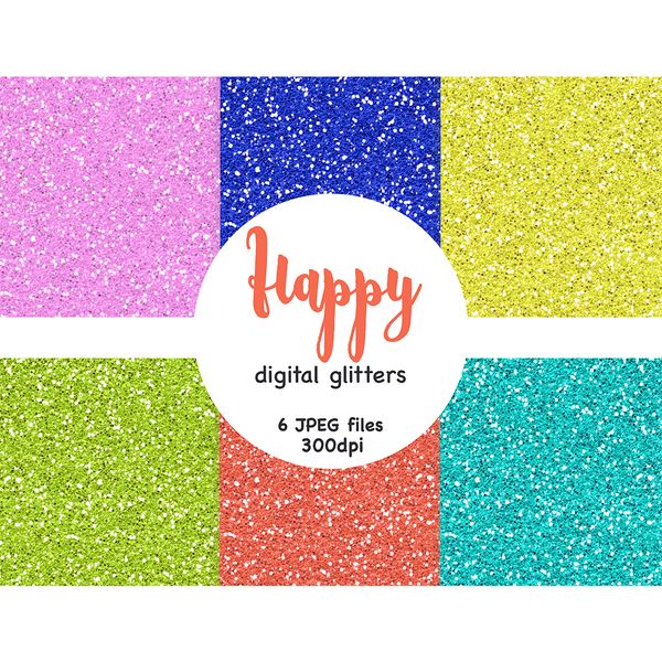 Bright neon groovy retro psychedelic sparkle digital glitters for crafting, stickers and planner. Pastel purple, blue, yellow, green, orange and teal colors for