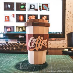Coffee cup - 3D Papercraft template Digital pattern for printing and cutting (pdf, svg*, dxf*)