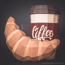 Coffee and Croissant bundle - 3D Papercraft template Digital pattern for printing and cutting (pdf, svg*, dxf*)
