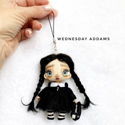 Wednesday Addams Emo Rag doll goth in a black dress Haunted Little doll 4 inch Horror movie decor Halloween gift