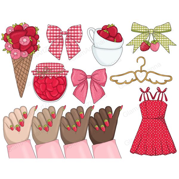 Waffle cone with strawberries. Bright pink and green bows. Two tea cups with strawberries. Glass jar of strawberry jam. Red women's retro dress with strawberry 
