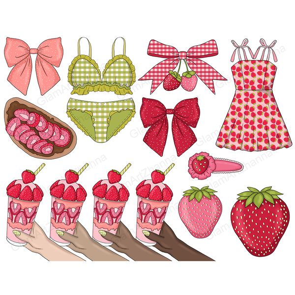 Pink and red bows. Checkered pink bow. Women's retro dress with strawberry print. Strawberry milkshake in a female hand. Juicy bright strawberries. Sandwich wit