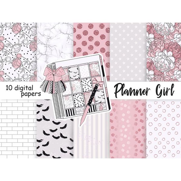 Planner Girls bundles of digital papers for scrapbooking. Home office patterns. Girl boss seamless pattern. Peonies digital backgrounds. Black and white marble 