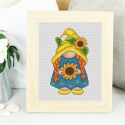 Sunflower gnome cross stitch pattern PDF, summer gnome, sunflower cross stitch, counted cross stitch