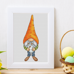 Carrot gnome cross stitch pattern PDF, easter gnome, gnome with bunny, easter cross stitch