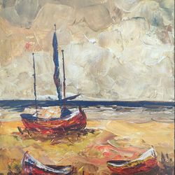 Sailboat on Beach, Acrylic Seascape Canvas, Abstract Ocean Drawing Art, Sea Drawing Art