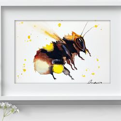 5"x7" Watercolor bumblebee painting, drawing watercolour bees painting original art by Anne Gorywine