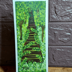 Romantic staircase in the forest. Original acrylic small painting handmade 8 by 3.5