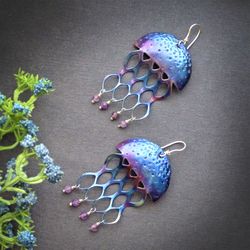 Handmade colored titanium jellyfish earrings with amethyst
