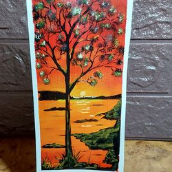romantic sunrise on the river. original handmade acrylic small painting 7 by 4