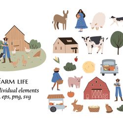domestic animals clipart, farm life svg png ai illustrations, farmer flat vector style, chicken, sheep, goat, rabbit