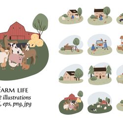 farm life illustration, domestic animals clipart, farm market png, cottage scenery clip art, flat vector style