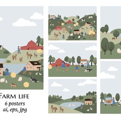 farm seamless pattern with domestic animal, country life digital paper, Vector illustration clipart in cartoon style