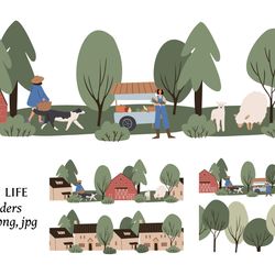 landscape background clipart, farm field illustration, cottage scenery vector in flat style, nature illustration