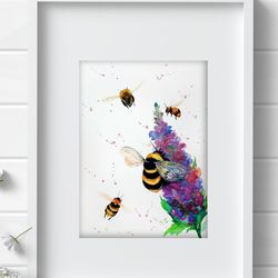 Watercolor bumblebee painting, drawing watercolour bees painting flowers original art by Anne Gorywine