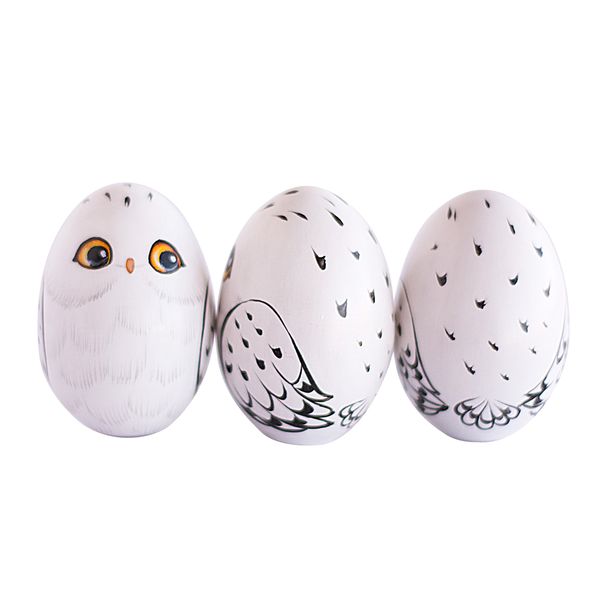 wooden painted egg polar white owl front side and back view