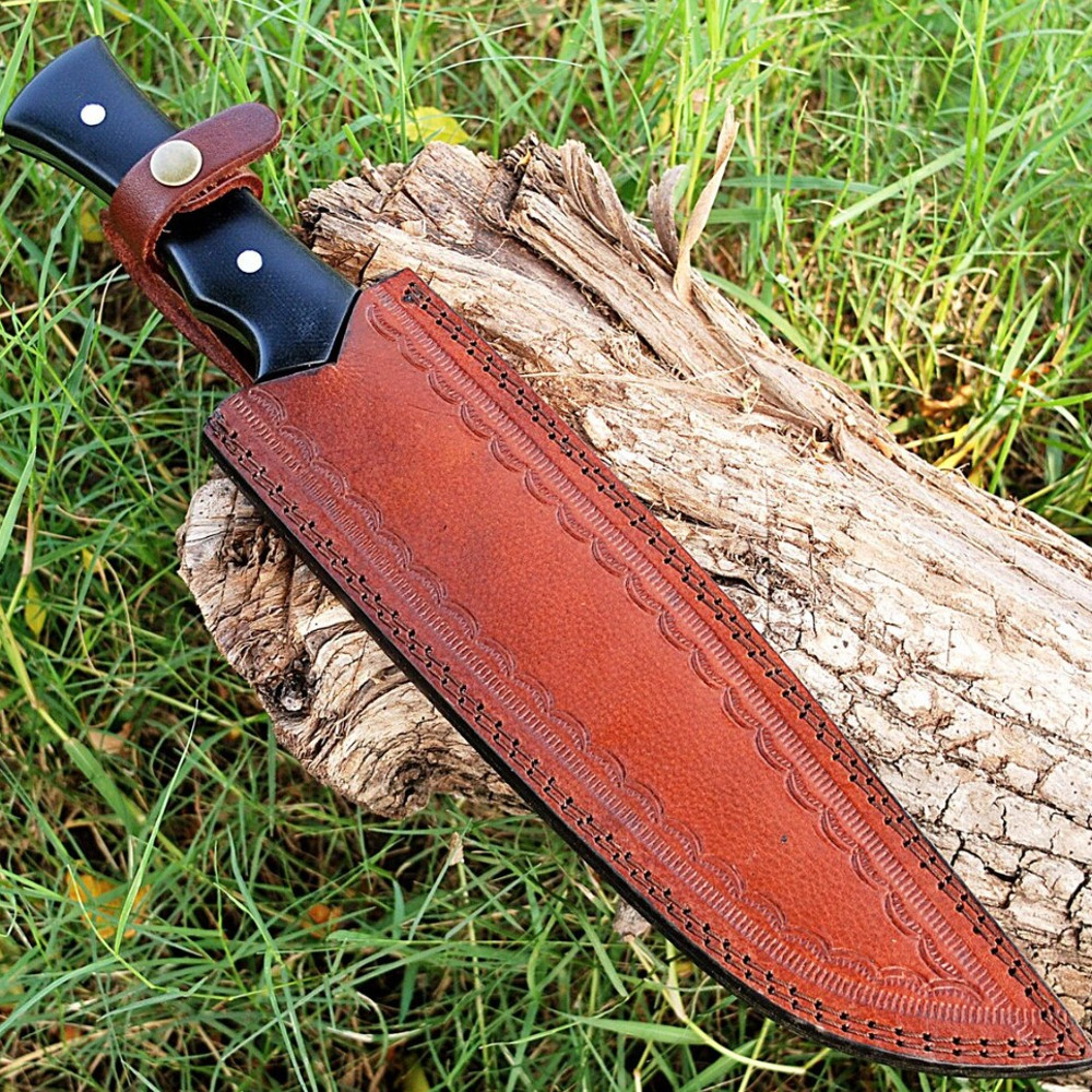Assured Victory Damascus Steel Kukri Knife Collectible Hunting Sawback Machete with Leather Sheath