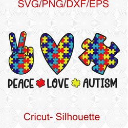 Peace Love Autism svg, Autism Mom svg, Autism Heart svg, Autism Awareness, Autism Puzzle svg, Autism svg, Cut Files, png
