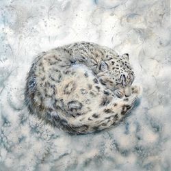 Snow Leopard original Snow Leopard painting Leopard watercolor painting animal fine art blue painting sleeping cat art