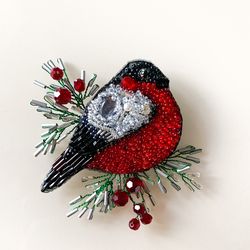 Handmade beaded brooch. A beaded brooch Bullfinch. Brooch pin. Bird brooch of beads and Swarovski crystals. NY gift