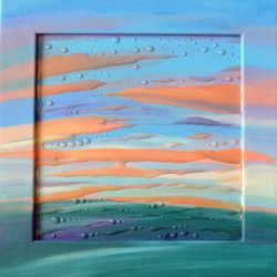 Original acrylic interior Painting on canvas in a wooden frame. Nature series. Landscape. Morning.