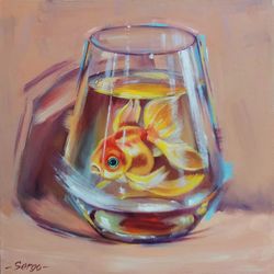 Original Oil Painting The Golden Fish Art On Cardboard Wall Art 10x10 inches 25x25 cm