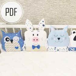 Animal pillow sewing pattern,4 in1, Animal crib bumpers diy, Crib bumper pattern, Cot toy pattern, Cot bumper pattern
