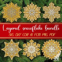3D Christmas layered snowflake bundle 6 SVG paper cut files