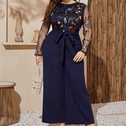 Floral Embroidery Mesh Round Neck Long Sleeve Belted Wide Leg Jumpsuit Plus Size
