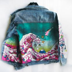 Katsushiki Hokusai art, Hand painted unisex Denim jacket, fabric painted denim jacket, Designer art, custom jean jacket
