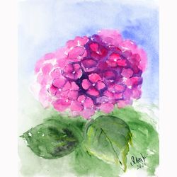 Hydrangea Painting Flower Original Watercolor Pink Floral Artwork 10x8'' by NatalyMak