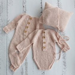 Pale pink tweed bonnet, romper, wrap. Newborn photo props