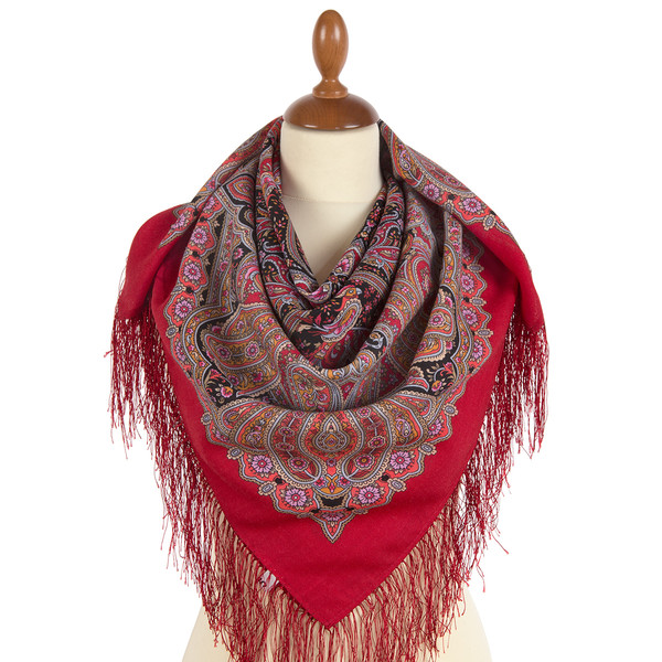 red pavlovoposad woolen shawl silk fringe 1958-5