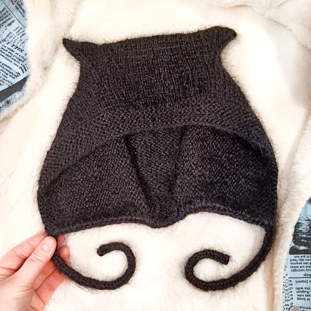Handknit Black color women moheir hat gifts Valentine day moheir hat Wool women hats warm hat cat hat