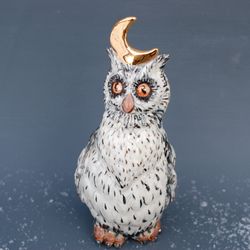 Owl & Moon Porcelain figurine, Fairy bird Ceramic statuette, Cute eagle-owl sculpture ,Best friend gift