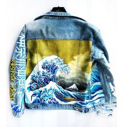 Designer art Katsushiki Hokusai, Hand painted unisex Denim jacket, fabric painted denim jacket, custom jean jacket