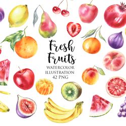 watercolor illustration – fruits, farm healthy food clipart: apple, lemon, pomegranate, banana, peach, watermelon