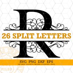 Monogram Svg, Split Regal Flourish Alphabet Name Monogram Letters Bundle Svg Png Dxf Cut Files