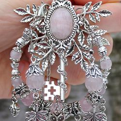 Handmade Unique Fantasy Vintage Pink Guartz Jewelry Set (Key Necklace, Earrings and Bracelet)
