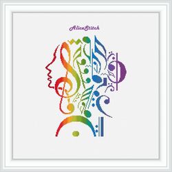 Cross stitch pattern Music Woman Notes Treble clef silhouette rainbow bass clef love counted crossstitch patterns PDF