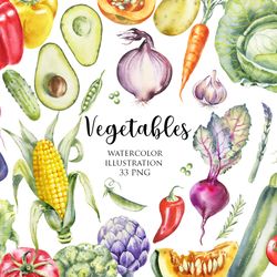 Watercolor Vegetables Clipart, Farm Healthy Food: broccoli, eggplant, avocado, tomato, potato, cabbage, corn, pepper
