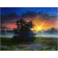 Landscape Misty Dawn over the River Oil Painting Wall Art 12*16 inch Original Oil Painting Summer Landscape with River
