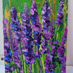 Small Painting with Lavender, Original Oil Painting with Wildflowers, Artwork with Flowers Plants, Mother's Day Gift