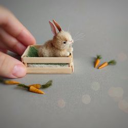 Miniature bunny with accessories . Dollhouse miniatures beige rabbit - cute pet for doll. Blythe friends - mini toy