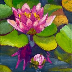 water lily,  original oil painting on canvas, flowers wall art lotus canvas art