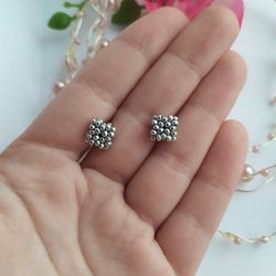 Silver small square beaded stud earrings, Seed bead button earrings, Seed bead studs, Beadwork minimalist earrings