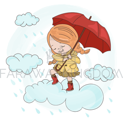 cloud girl autumn fall umbrella season vector illustration set