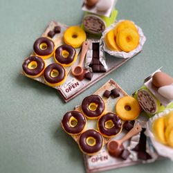 Miniature set for making donuts with chocolate on a tray for playing with dolls, dollhouse, scale 1:12