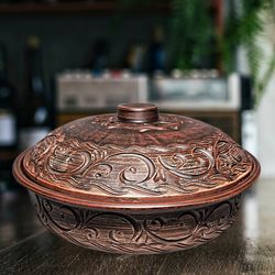 Pottery baking dish with lid diameter 10.82 inch Handmade red clay Clay casserole