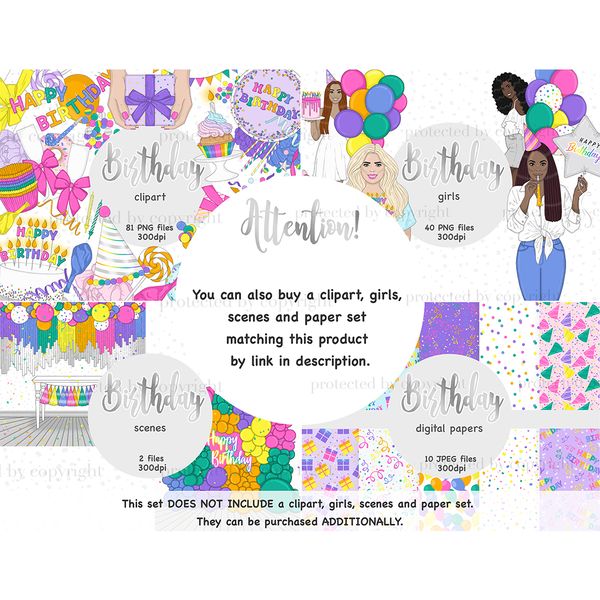 Birthday Clipart elements: bright bows, a cake with candles and the inscription "Happy Birthday", balloons, champagne glasses, a birthday hat. Girls celebrate b